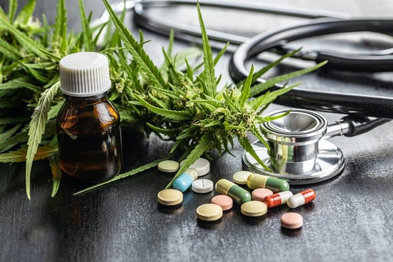 Marijuana buds flowers of cannabis, stethoscope,pills and oil